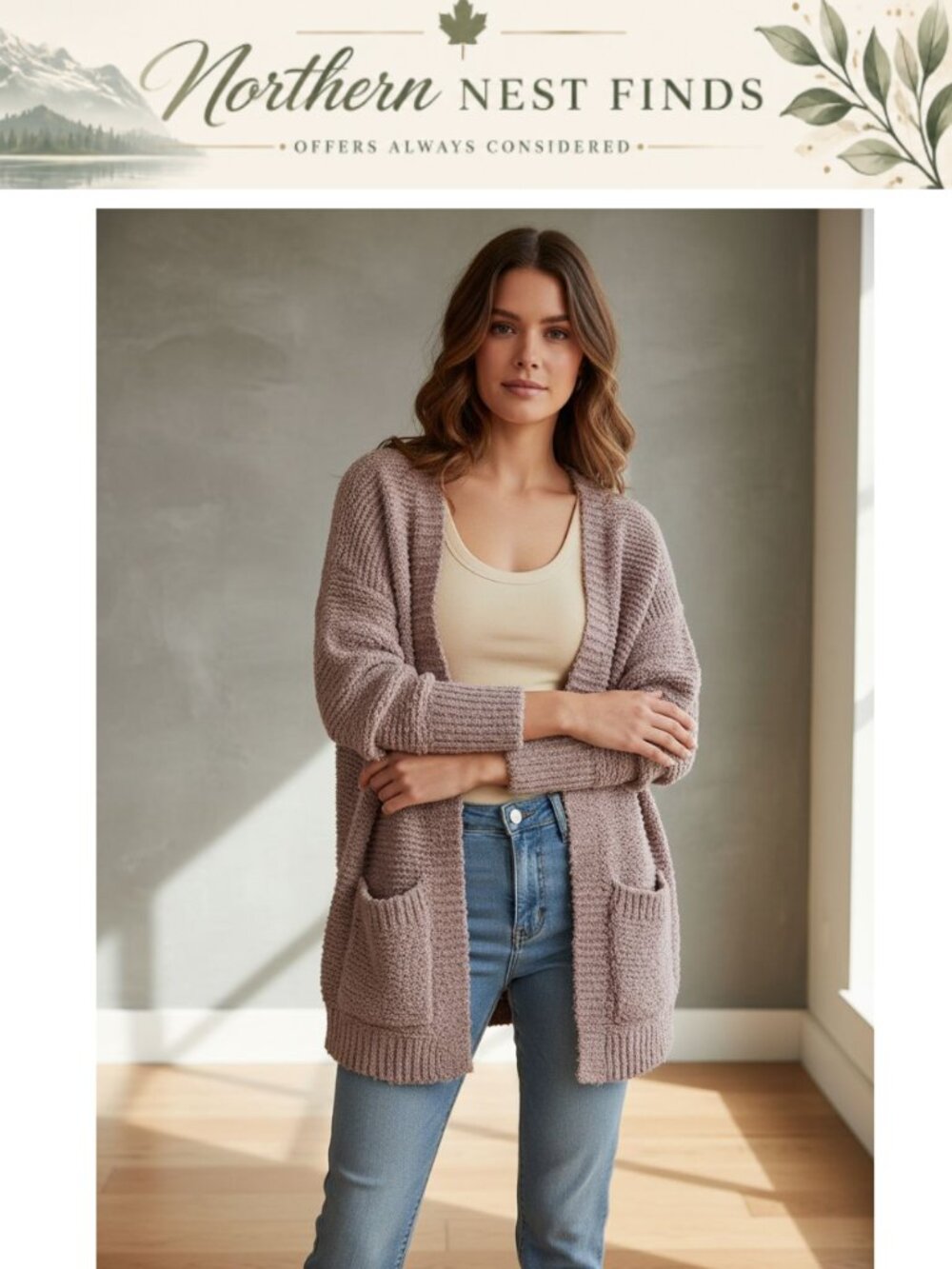 Women's Open Front Popcorn Knit Cardigan Cozy Sherpa Fleece Sweater with Pockets